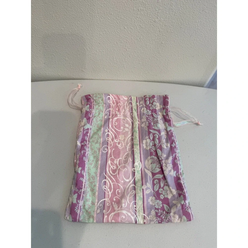 Floral Stripe Drawstring Pouch Purple Pink Green Silver Metallic Gift Bag 8x11